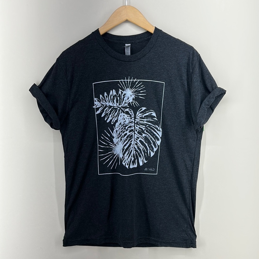 Athletic Black Tee Shirt / minimalist plants design / Crewneck